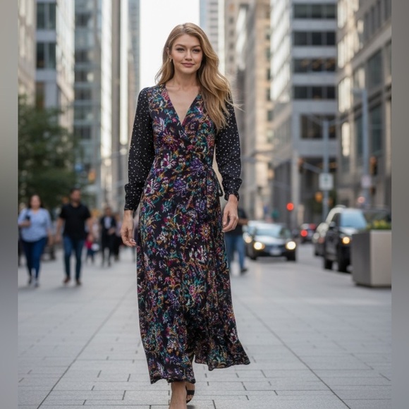 Maria Cher Floral Wrap Maxi Dress S Boho Black Long Sleeve Fall Holiday Style